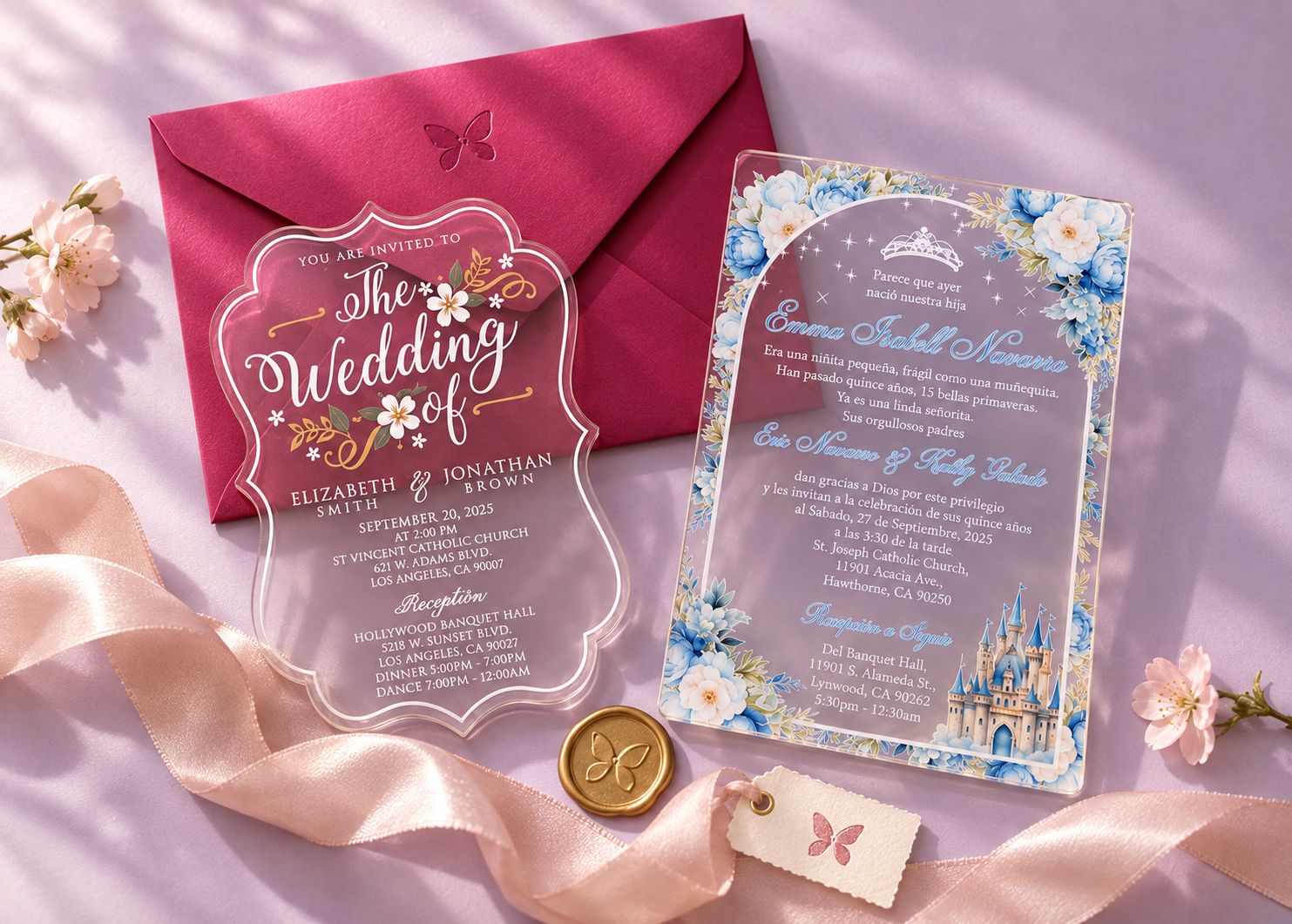 Clear acrylic wedding and quinceañera invitations with a pink envelope, gold wax seal and satin ribbon
